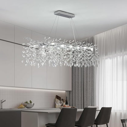 Tree Branch Chandelier Modern Crystal Pendant Light, Luxury Chrome Linear Rectangle Art Deco Raindrop Lighting Fixture for Dining Room Kitchen Island Living Room 10 Lights L40''