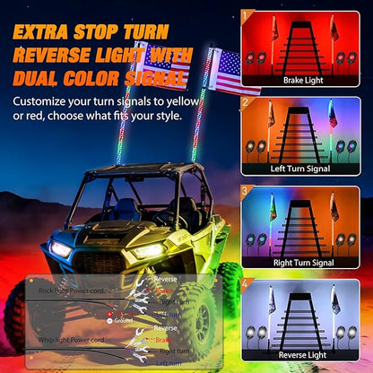 Nilight 2PCS 3FT RGB LED Whip Light with Spring Base and 4 PCS Rock Lights Combo, Remote App Control w/DIY Chasing Patterns Turn Signal Brake Reverse Antenna Lighted Whips for ATV UTV Polaris RZR Jeep