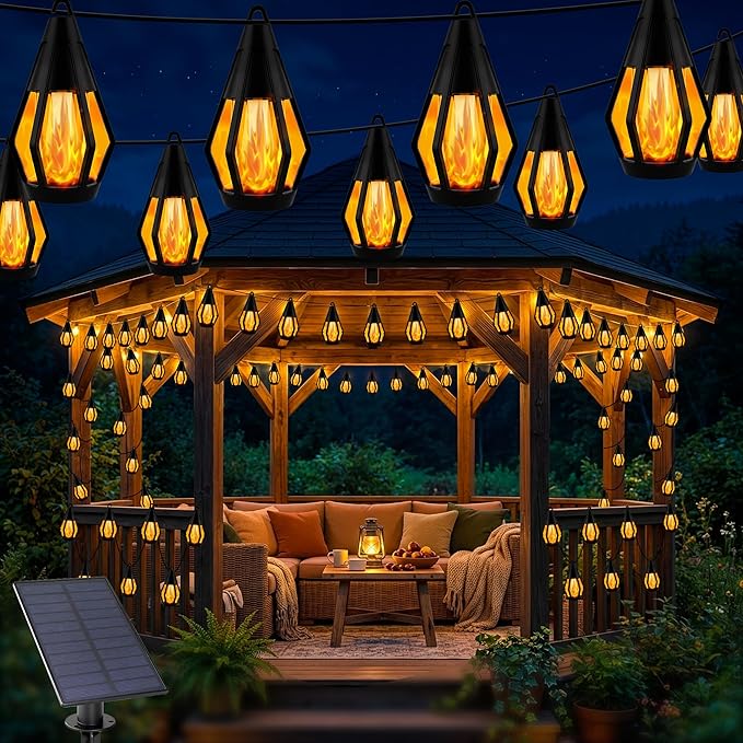 Upgraded Solar String Lights Outdoor, 31FT Solar Patio Lights with 10 Flickering Flame LED Bulbs, Waterproof Hanging Solar String Light for Outside Garden Backyard Porch Patio Bistro Party Decorations