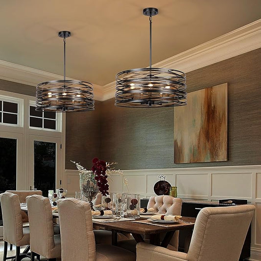 Sigaitwei 5-Light Drum Chandelier for Dining Room，19.7" Rustic Farmhouse Dining Room Light Fixture，Wood Grain and Vintage Black Metal Chandeliers for Kitchen Entryway Living Room