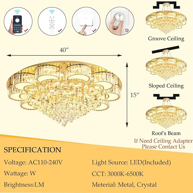 39.4" Gold Modern Crystal Chandeliers for Dining Room LED Dimmable Light Fixtures Flush Mount Light Living Room Bedrooms