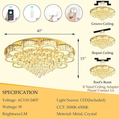 39.4" Gold Modern Crystal Chandeliers for Dining Room LED Dimmable Light Fixtures Flush Mount Light Living Room Bedrooms