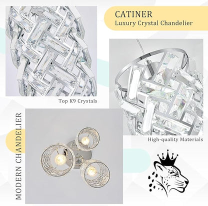 CATINER 3-Light Modern Crystal Pendant Light, Chrome Mini Chandelier – Adjustable Cluster Pendant Lighting Fixture for Kitchen Island, Dining Room, Bedroom, Hallway, Porch