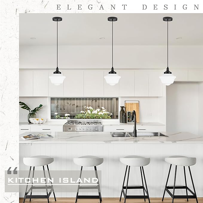 Bagood 2 Pack 8" Black Milk Glass Pendant Light Schoolhouse Light Fixture Schoolhouse Pendant Light Milk Glass Light Fixture Mid Century Modern Light Fixture for Kitchen Island Bathroom (Bulb Incl.)