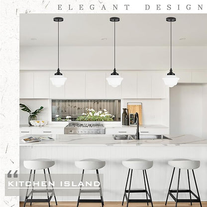 Bagood 2 Pack 8" Black Milk Glass Pendant Light Schoolhouse Light Fixture Schoolhouse Pendant Light Milk Glass Light Fixture Mid Century Modern Light Fixture for Kitchen Island Bathroom (Bulb Incl.)