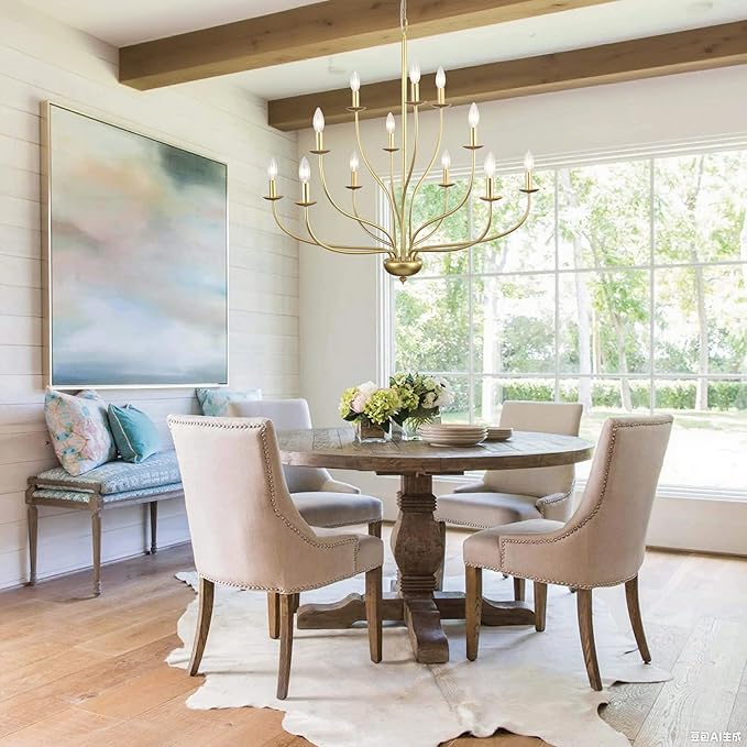 Gold Chandelier 12 Light, Large Painted Gold Light Fixture Modern Suspended Farmhouse Dining Table Candle Brass Chandelier Lighting for Bedroom Hallway Entryway Living Room Kitchen 34in Chandeliers