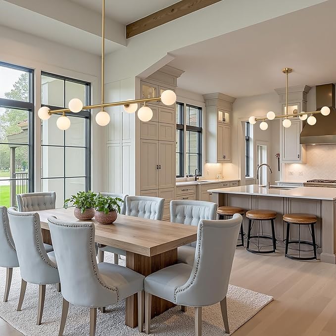 Mid Century Chandelier, Gold Sputnik Pendant Light with White Glass Lampshade,7 Lights Globe Rectangle Linear Chandeliers for Dining Room Kitchen L43.3 in x W11.8 in