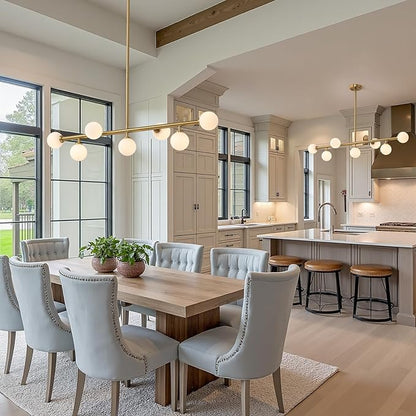 Mid Century Chandelier, Gold Sputnik Pendant Light with White Glass Lampshade,7 Lights Globe Rectangle Linear Chandeliers for Dining Room Kitchen L43.3 in x W11.8 in