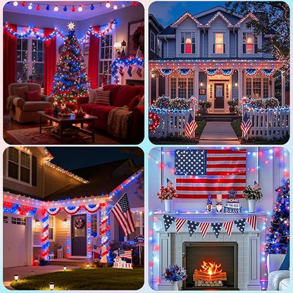 Pooqla 500 LED 164 FT Red White and Blue Lights, 4th of July Patriotic Decoration Twinkle Lights, 8 Modes Plug in 4th of July String Lights for Indoor Outdoor Independence Day Decorations, Green Wire