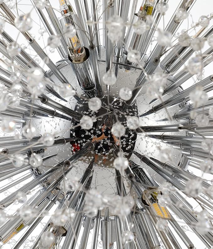 Modern Crystal Chandelier Firework, 31.4" Dandelion Crystal Chandelier Lighting Chrome, 16-Light Steel Large Pendant Sputnik Chandelier for Living Room Foyer