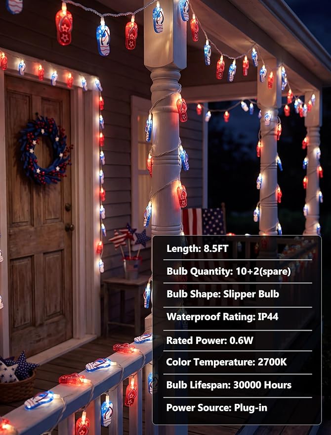 8.5Ft LED Tropical Beach Flip Flop String Lights, 4th of July Slipper String Lights Plug in with 10 Bulbs, Independence Day Decoration Lights for Patriotic Party Garden Festival National Day, White