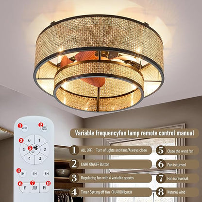 18.9" Boho Caged Ceiling Fan with Lights Remote, 4-Light Vintage Rattan Woven Chandelier Fan with Light Reversible Motor, Chandelier Ceiling Fan for Bedroom, Living Room