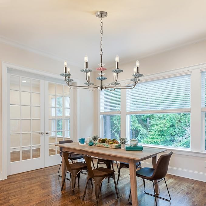 Brushed Nickel Chandeliers for Dining Room Light Fixture Over Table,8-Light Art Deco Chandelier, Modern Vintage Chandelier with Ceramic,Farmhouse Chandelier for Girls Bedroom,Living Room