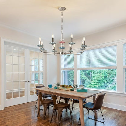 Brushed Nickel Chandeliers for Dining Room Light Fixture Over Table,8-Light Art Deco Chandelier, Modern Vintage Chandelier with Ceramic,Farmhouse Chandelier for Girls Bedroom,Living Room