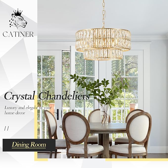 CATINER 20'' Modern Gold Crystal Chandelier Luxury Semi Flush Mount Ceiling Light Fixtures 6-Lights Round Crystal Pendant Chandelier for Dining Room Foyer Living Room Bedroom