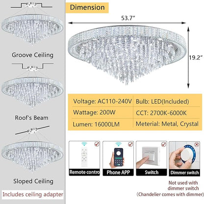 53.7" Modern Chandeliers LED Dimmable Crystal Flush Mount Ceiling Chandeliers for Living Room High Ceiling Entrance Foyer Lobby Bedroom Silver