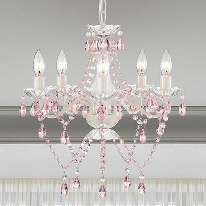 Small Pink and White Girls Bedroom Light – 5-Light Modern Acrylic Crystal Ceiling Fixture, Mini Chandelier for Kids Room, Dining Room, Living Room, Foyer