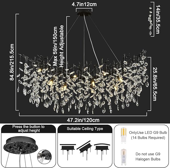 Modern Crystal Black Chandelier, 47" Large Rectangular Tree Branch Chandeliers for Dining Room Over Table,Living Room,High Ceiling,Kitchen Island,Foyer,Staircase, Crystals Ceiling Light Fixtures