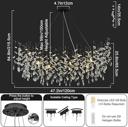 Modern Crystal Black Chandelier, 47" Large Rectangular Tree Branch Chandeliers for Dining Room Over Table,Living Room,High Ceiling,Kitchen Island,Foyer,Staircase, Crystals Ceiling Light Fixtures