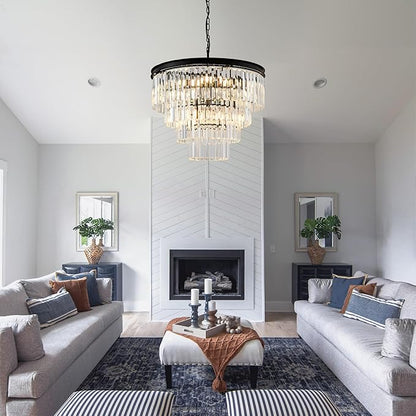 Modern Crystal Chandelier Lights 22.8" 10-Light K9 Crystal Pendant Light 4-Tier Black Luxury Crystal Hanging Dining Room Light Fixture for Living Room Kitchen Bedroom Stairway Office Foyer