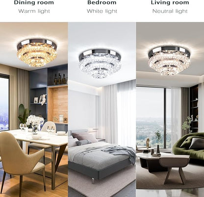 11.8" Modern Crystal Chandeliers LED Crystal Ceiling Light Fixture Flush Mount Ceiling Chandelier Light Chandelier for Dining Room Hallway Three-Tier Dimmable with Remote Control