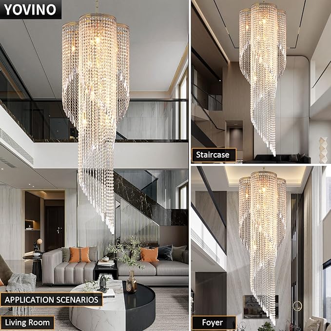 Large Spiral Crystal Beaded Strands Chandelier for High Ceiling, 9-Lights Luxury Gold Foyer Pendant Light, Modern Semi-Flush Mount Ceiling Light Fixture for Entryway Staircase, D21.7'' x H59''
