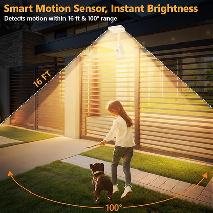 Clip On Solar Lights Outdoor with Motion Sensor, 360°Rotatable & Vertically Adjustable Solar Fence Lights with 92 LEDs (600 LM, 3000 K),IP65 Waterproof Security Light for Deck, Gutter（White, 4 Pack）