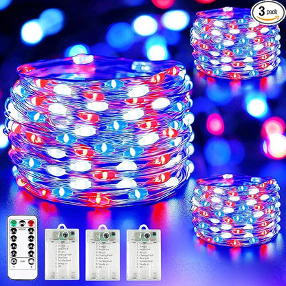 4th of July Decoration Lights, 3 Pack Red White and Blue Fairy Lights Battery Operated with Remote & Timer, Waterproof Patriotic Light Indoor Outdoor 8 Modes for Independence Day Anniversary Memorial