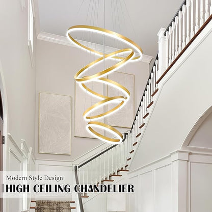 5 Rings Pendant Lights Modern Gold Led Chandelier Gold Modern Led Pendant Light Dimmable Height Adjustable Chandeliers for Dining Room Bedroom Entryway Living Room Foyer (3000K-6000K)