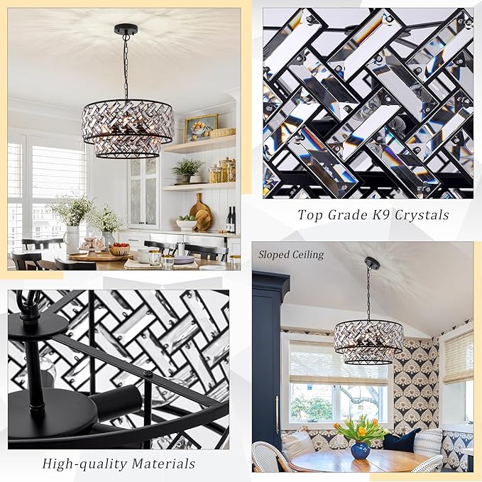 Black 6-Light Crystal Pendant Chandelier, Luxury Drum Semi Flush Mount Ceiling Light, 20'' Modern Ceiling Fixture for Dining Room, Living Room, Bedroom, Kitchen, Foyer