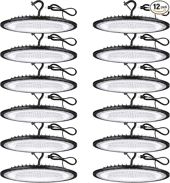 YANYCN 12 Pack 200W UFO LED High Bay Lights,120VAC IP66 Waterproof,30800LM 5000K Daylight, 850W MH/HPS with Plug Commercial Bay Lighting for Barn,Gym,Factory,Warehouse,Shop,Workshop,Gym