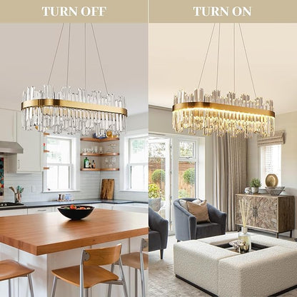 39.3" Dimmable Rectangle LED Crystal Chandeliers,Gold Chandelier Light, 3 Colors Contemporary Pendant Ceiling Light for Dining Room Living Room Kitchen Island Entryway Foyer ,With Remote Control