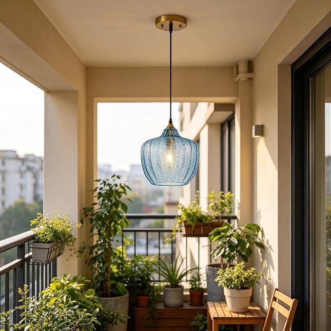 Modern Gold Pendant Light, Blue Glass Farmhouse Kitchen Island Pendant Light Fixture Adjustable Vintage Hanging Ceiling Light for Dining Room Corridor 9.45 inch 1 Pack, UL Certification