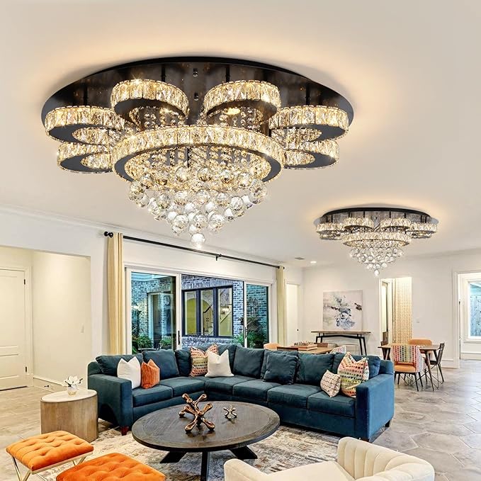 HAIXIANG Modern Chandelier Living Room Glam Chandeliers Ceiling Light Fixture Remote Dimmable Lights 32 Inches Luxury Crystal Black Light