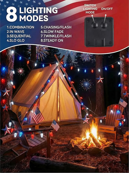ITICdecor C6 Solar String Lights Outdoor Waterproof, 23FT 50LED Solar Strawberry Lights Decoration for 4th of July, 8 Lighting Mode for Tree Patio Party Decor(Red White&Blue)