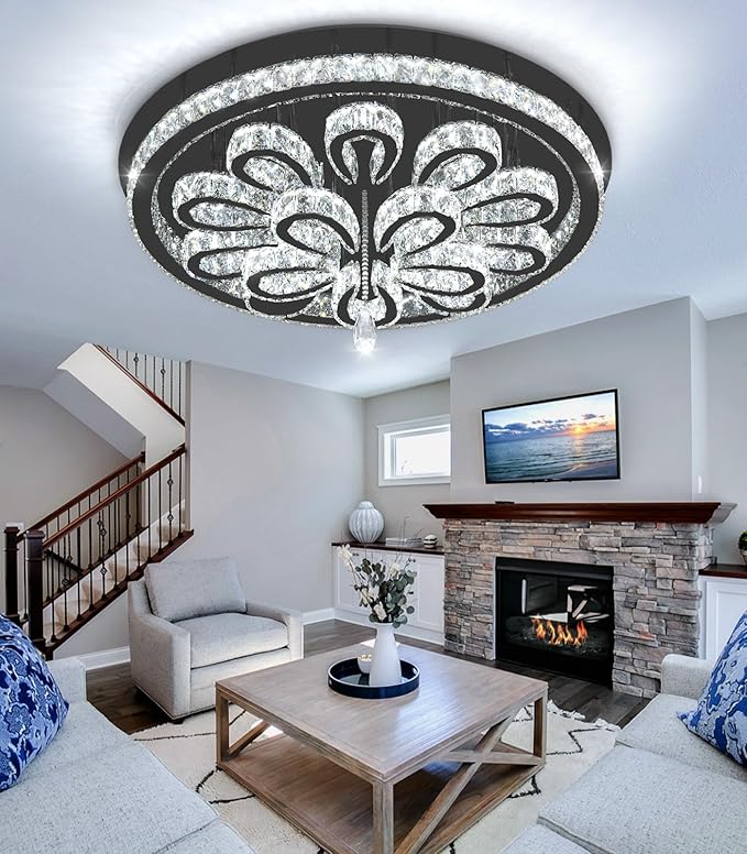 Modern Chandeliers for Living Room Crystal Chandelier Ceiling Light Fixture LED Dimmable with Remote Pendant Lighting Flush Mount Lighting for Dining Room Bedroom Black