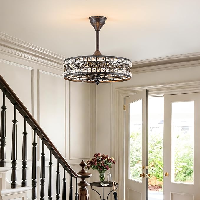 Chandelier Ceiling Fan with Light, Vintage Crystal Victorian Art Deco Elegant Fandelier, Caged Bladeless Enclosed Drum Pendant Light Fixture for Dining Room, Bedroom, Kitchen Island, Entryway