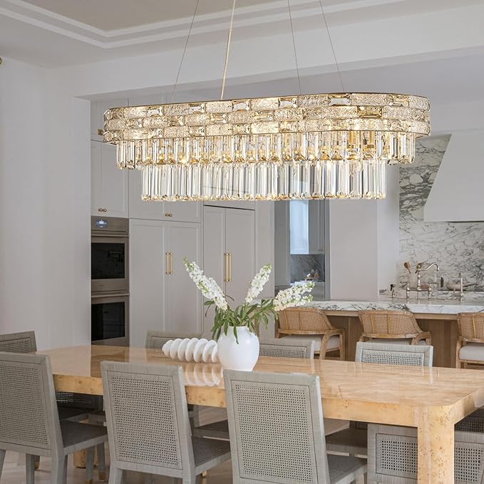 34.3" L Modern Crystal Chandeliers for Dining Room 12 Lights Gold Chandelier Large Luxury Chandelier Pendant Light Fixture, Kitchen Island,Entryway,Living Room 34.3" L x 8.7" H