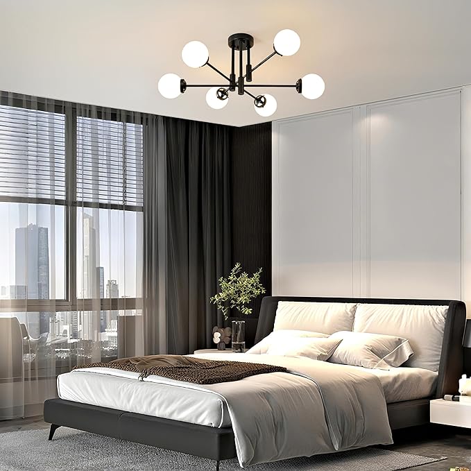 Biewalk Sputnik Ceiling Light Fixture 6 Light Sputnik Chandeliers, Black Chandelier Light Fixture with Milk White Glass Shade for Living Room Kitchen Bedroom Dining Room (E26 Bulb Excluded)