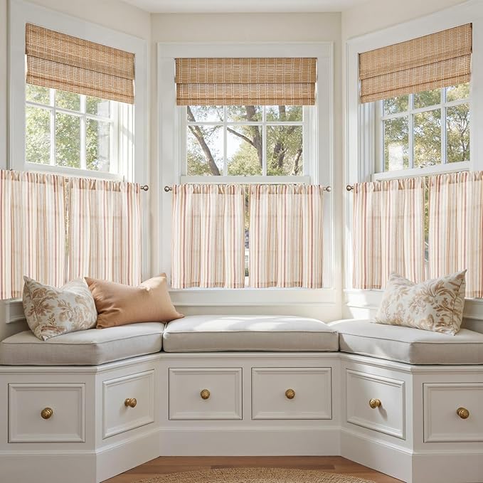 jinchan Colorful Striped Linen Kitchen Curtains 24 Inch Tier Curtains Farmhouse Modern Cafe Small Window Treatments Light Filtering Rod Pocket for Living Room Bathroom 2 Panels Multi Red