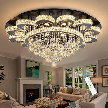 HAIXIANG Modern Chandelier Living Room Light Glam Chandeliers Ceiling Light Fixture Remote Dimmable Lights 40 Inches Luxury Crystal Black Dining Room Lights