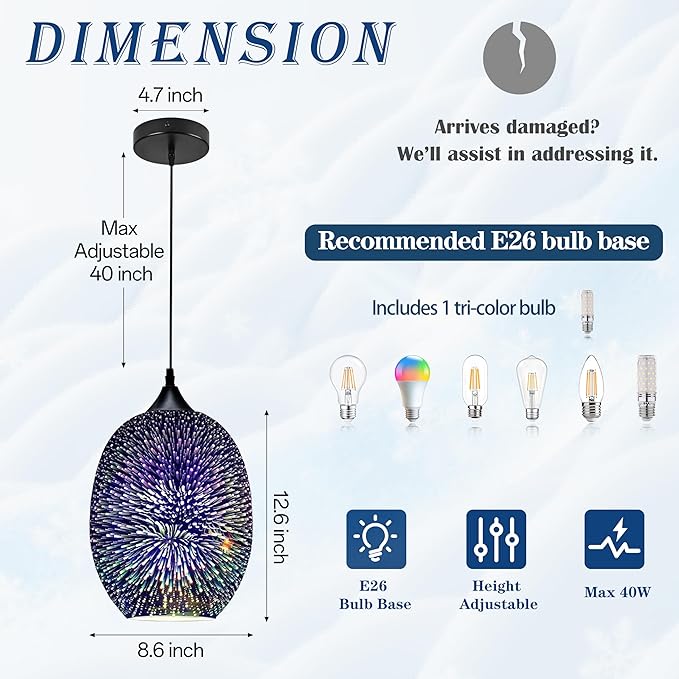 Modern 3D Fireworks Pendant Light Colorful Pendant Lights Colorful Glass Fireworks Art Pendant Light Unique Fixture for Kitchen Island Restaurant Living Room Bedroom (Dia8.6 x H12.6, Bulb Incl.)