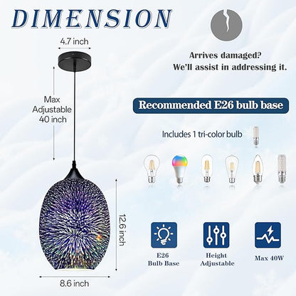Modern 3D Fireworks Pendant Light Colorful Pendant Lights Colorful Glass Fireworks Art Pendant Light Unique Fixture for Kitchen Island Restaurant Living Room Bedroom (Dia8.6 x H12.6, Bulb Incl.)