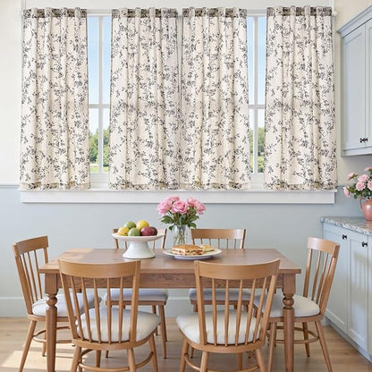 jinchan Floral Kitchen Curtains 54 Inch Linen Tier Curtains Farmhouse Cafe Half Window Drapes for Small Windows Light Filtering Black on Beige for Living Room Bathroom Back Tab 2 Panels
