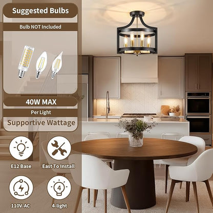 HOXIYA Farmhouse Chandelier, Adjustable Height Pendant Light Fixture, Convertible Semi Flush Mount Ceiling Light, 4 Light Modern Black and Gold Chandeliers for Dining Room Kitchen Foyer Entryway