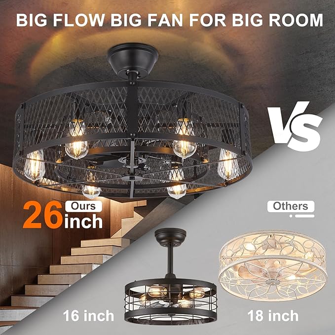 Depuley Outdoor Ceiling Fan with Light: 26" Caged Ceiling Fans with Remote Control for Patio Kitchen Bedroom - Farmhouse Fandelier Flush Mount Lights Fixture Reversible 6 Speed Timer Black