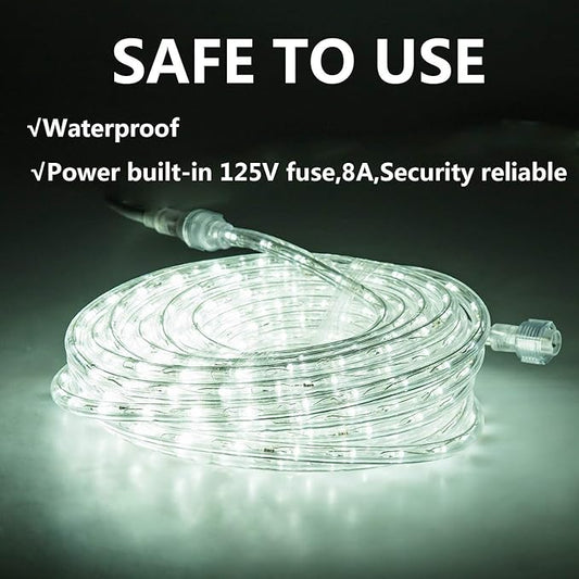 50ft/15m Plug in LED Rope Lights, 540 Daylight White LEDs, 110V, Waterproof,Connectable, Power Socket Connector Fuse Holder, Indoor/Outdoor Use, Ideal for Backyards, Decorative Lighting