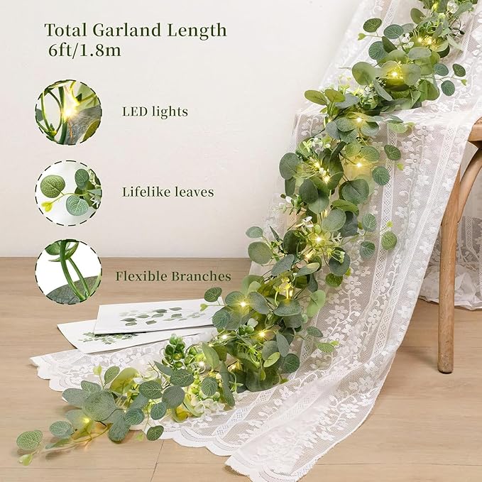 N&T NIETING 4 Pack Artificial Eucalyptus Garland with Lights, 6FT Artificial Greenery Garlands, Battery Operated Twig Vine for Room Stairs Mantle Wedding Holiday Mothers Day Decoration Indoor Outdoor