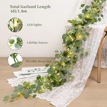 N&T NIETING 4 Pack Artificial Eucalyptus Garland with Lights, 6FT Artificial Greenery Garlands, Battery Operated Twig Vine for Room Stairs Mantle Wedding Holiday Mothers Day Decoration Indoor Outdoor
