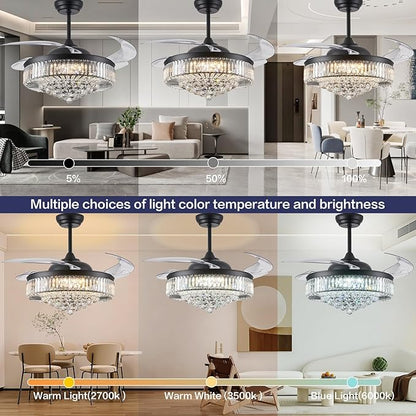 DuMaiWay 52" Dimmable Chandelier Ceiling Fan with Lights,Retractable Crystal Ceiling Fan Chandelier with Remote Control LED Light for Bedroom Living Room Polished Chrome Black 6 Speed 3 Light